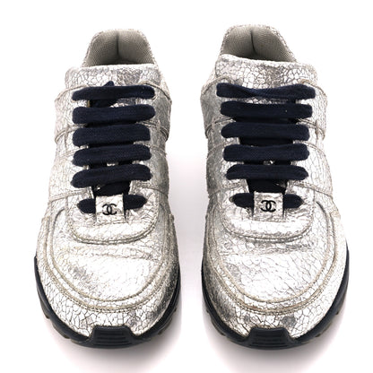 Chanel Metallic Crackled Calfskin CC Sneakers 38.5 Silver Black Navy 2 of 10