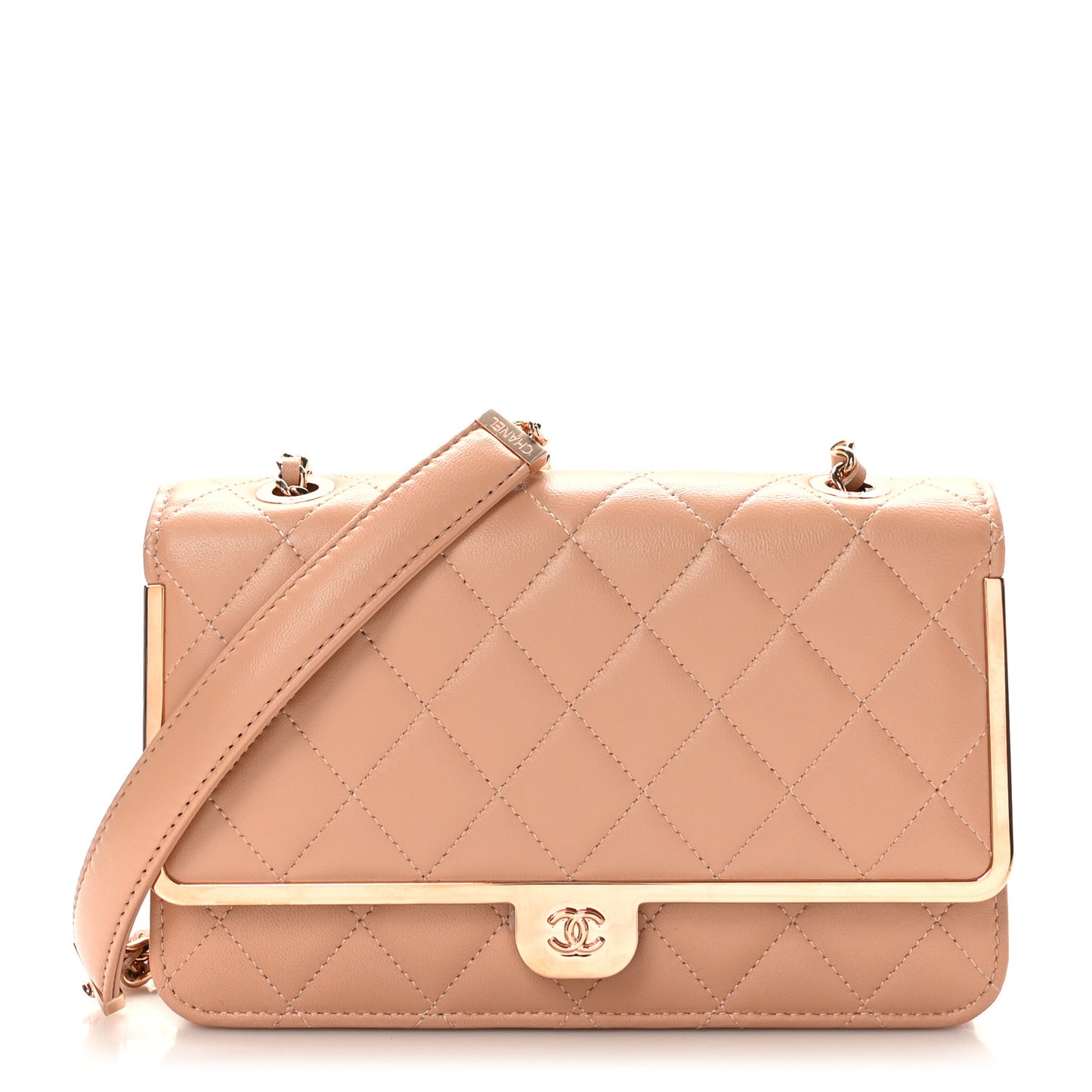 Lambskin Quilted Frame Wallet On Chain WOC Beige