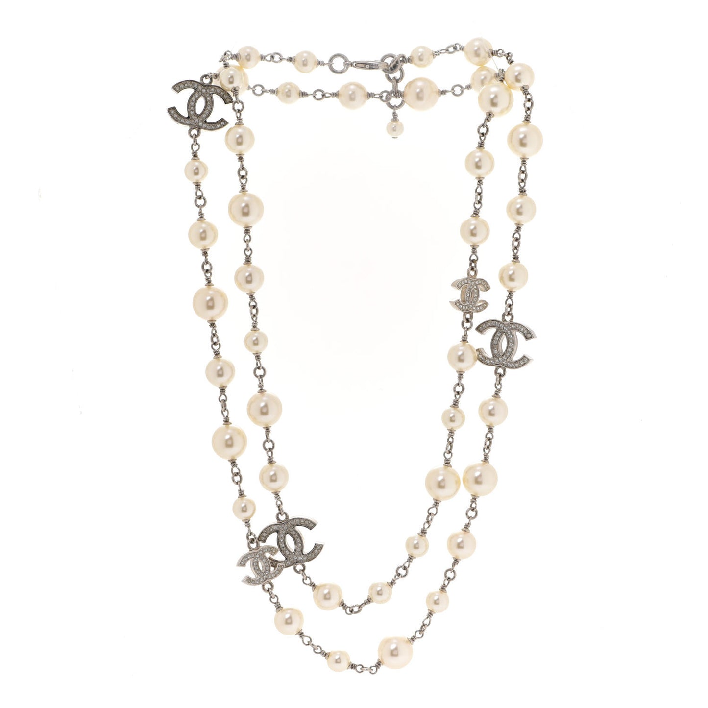Crystal Pearl CC Long Necklace Silver