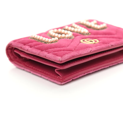 Gucci Velvet Matelasse Pearl Love Embroidered GG Marmont Card Case Wallet Light Raspberry Rose 8 of 9