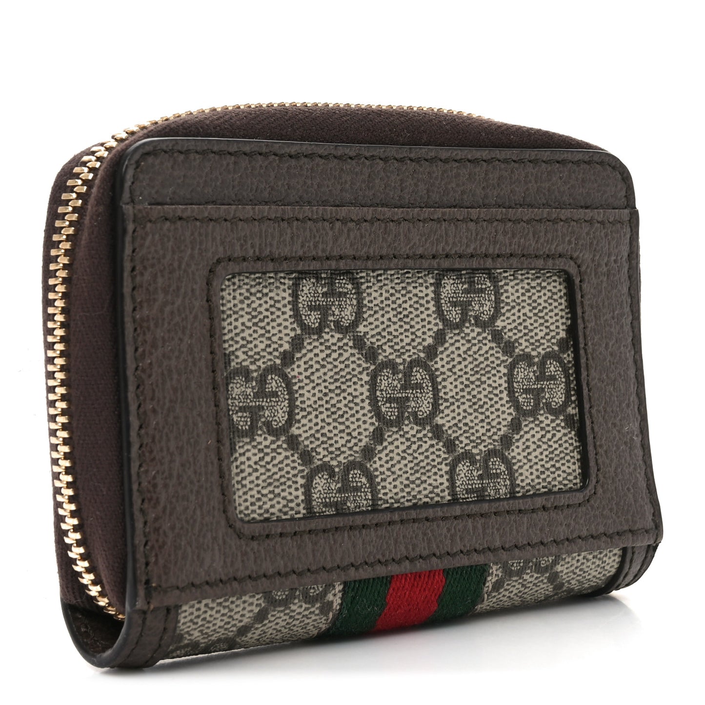 GG Supreme Monogram Textured Dollar Calfskin Web Ophidia Zip Around Card Case Wallet Beige Ebony New Acero
