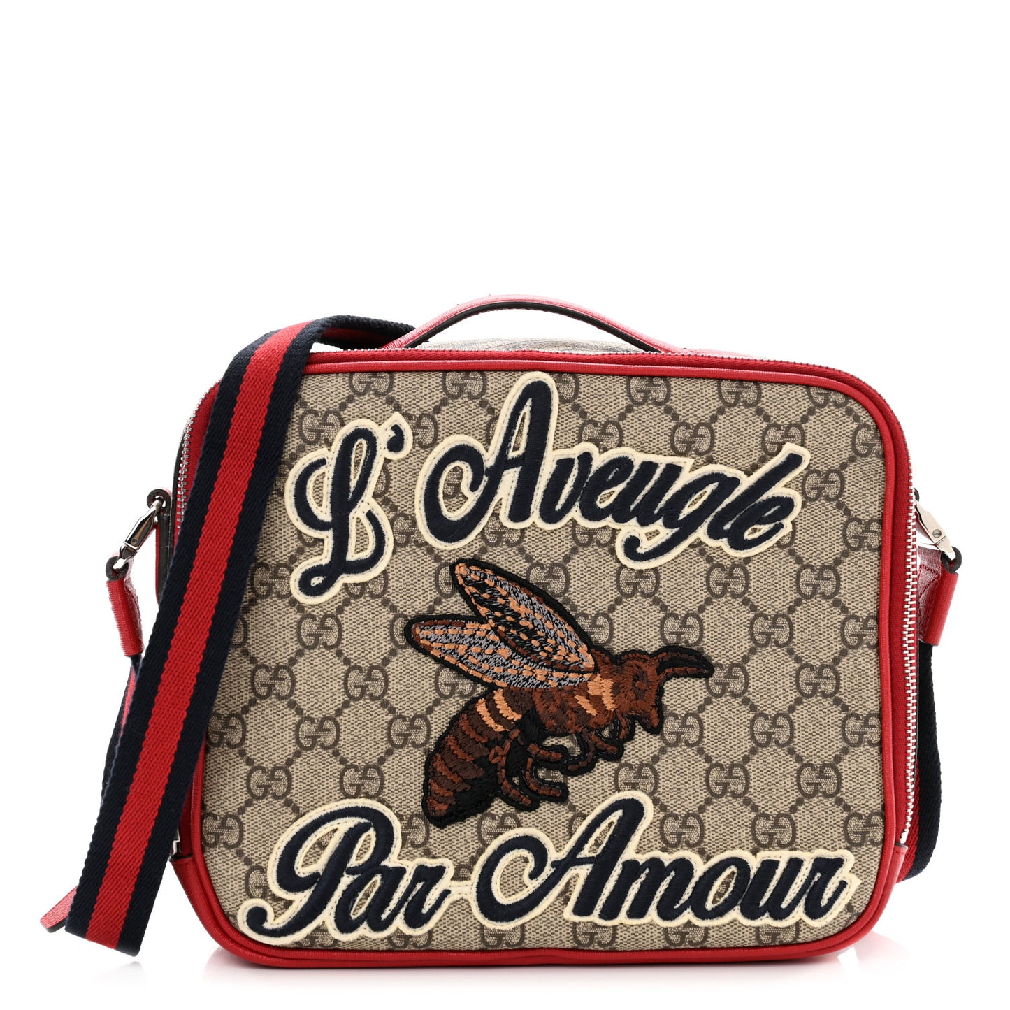 GG Supreme Monogram Blind For Love Embroidered Crossbody Bag Beige Hibiscus Red