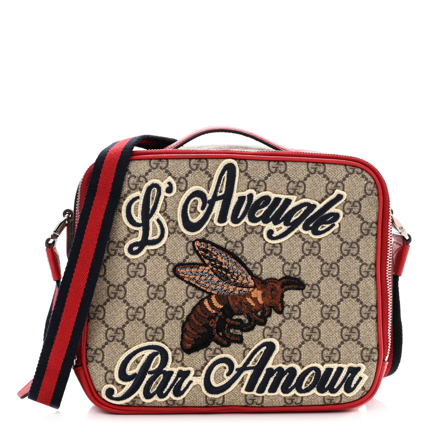 Gucci GG Supreme Monogram Blind For Love Embroidered Crossbody Bag Beige Hibiscus Red 1 of 11