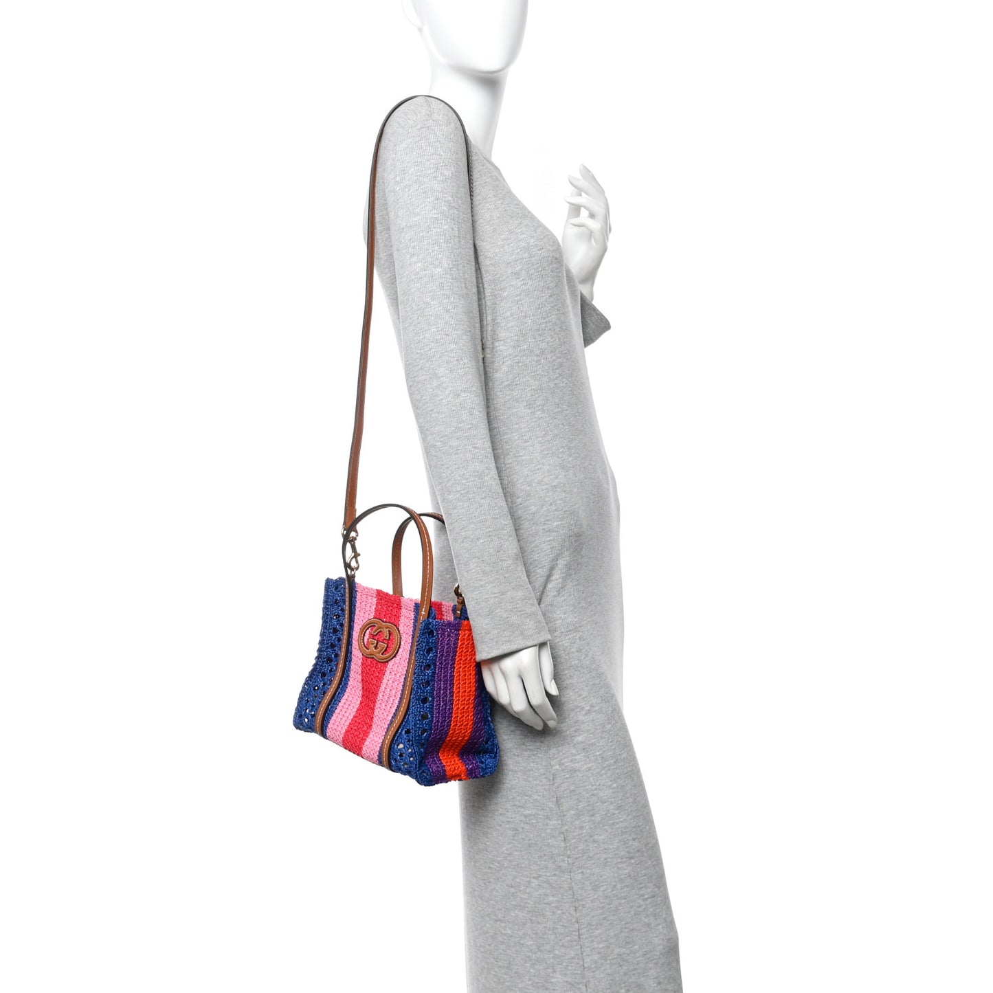 Raffia Web Woven Small Interlocking G Tote Blue Multicolor