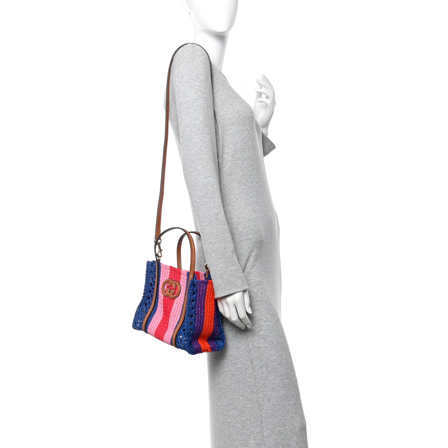Gucci Raffia Web Woven Small Interlocking G Tote Blue Multicolor 2 of 9