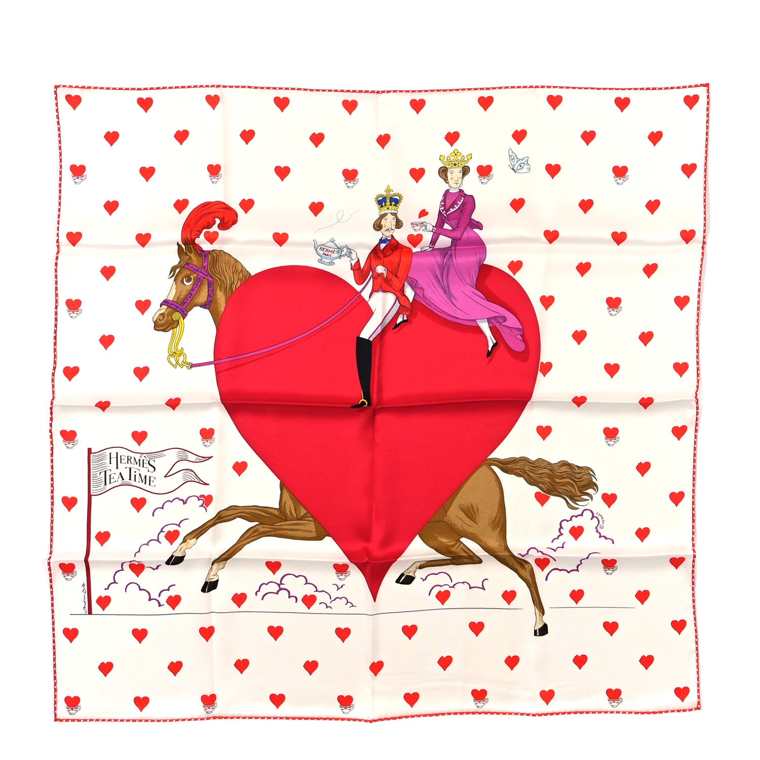 Hermes Silk Tea Time Scarf 70 White Framboise Rouge 1 of 3