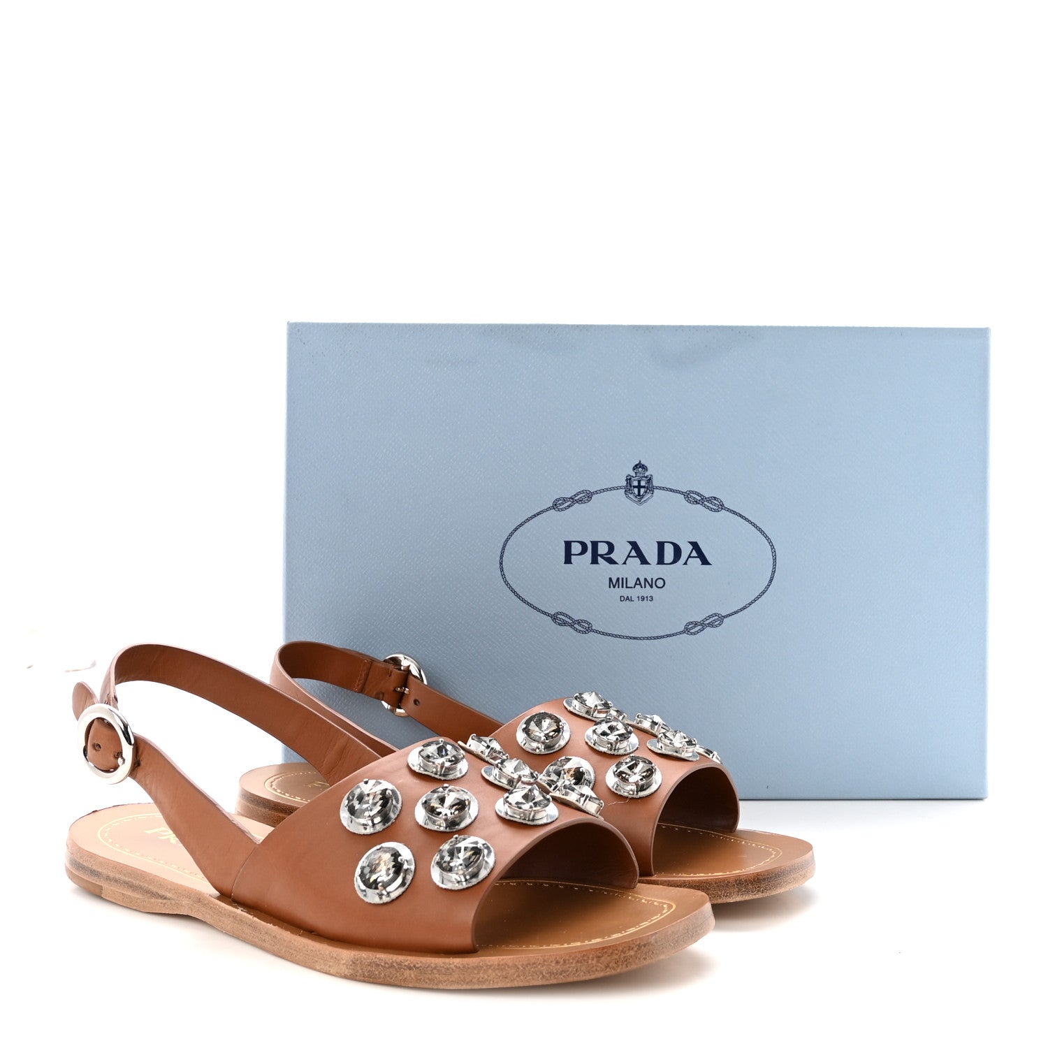 Prada Natural Calfskin Crystal Slingback Sandals 37.5 Brandy 9 of 9