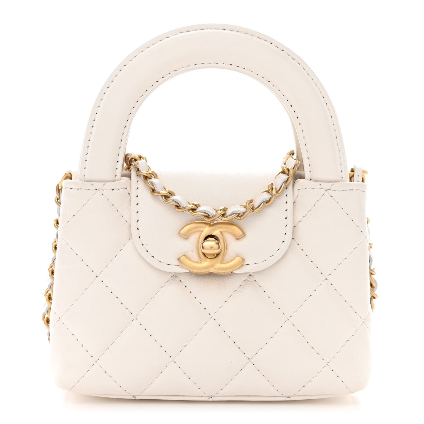 Shiny Aged Calfskin Quilted Mini Nano Kelly Shopper White