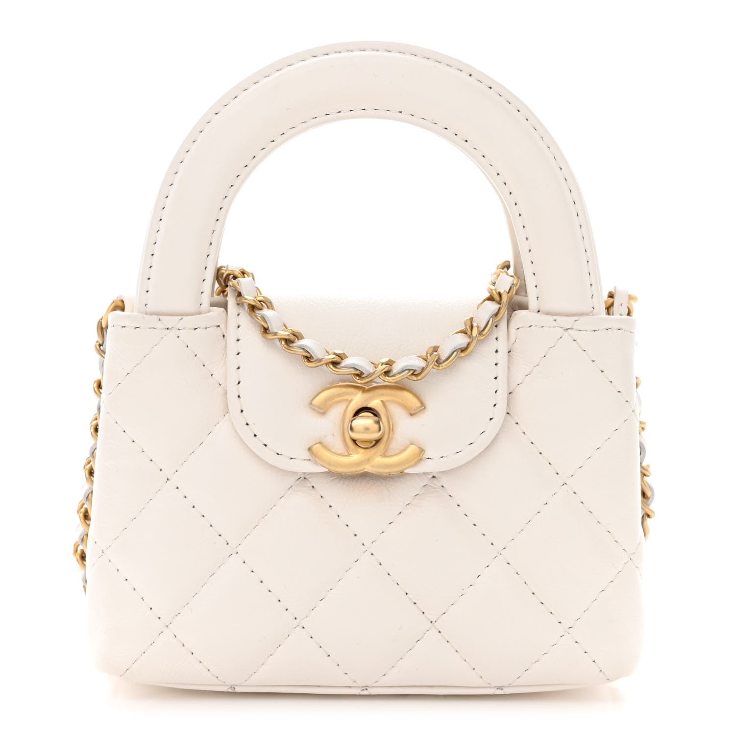 Chanel Shiny Aged Calfskin Quilted Mini Nano Kelly Shopper White 1 of 11