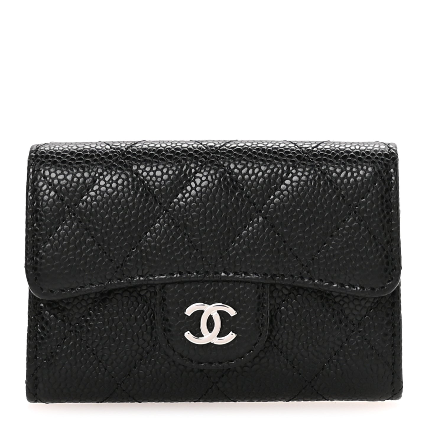 Caviar Quilted Flap Card Holder Wallet Black