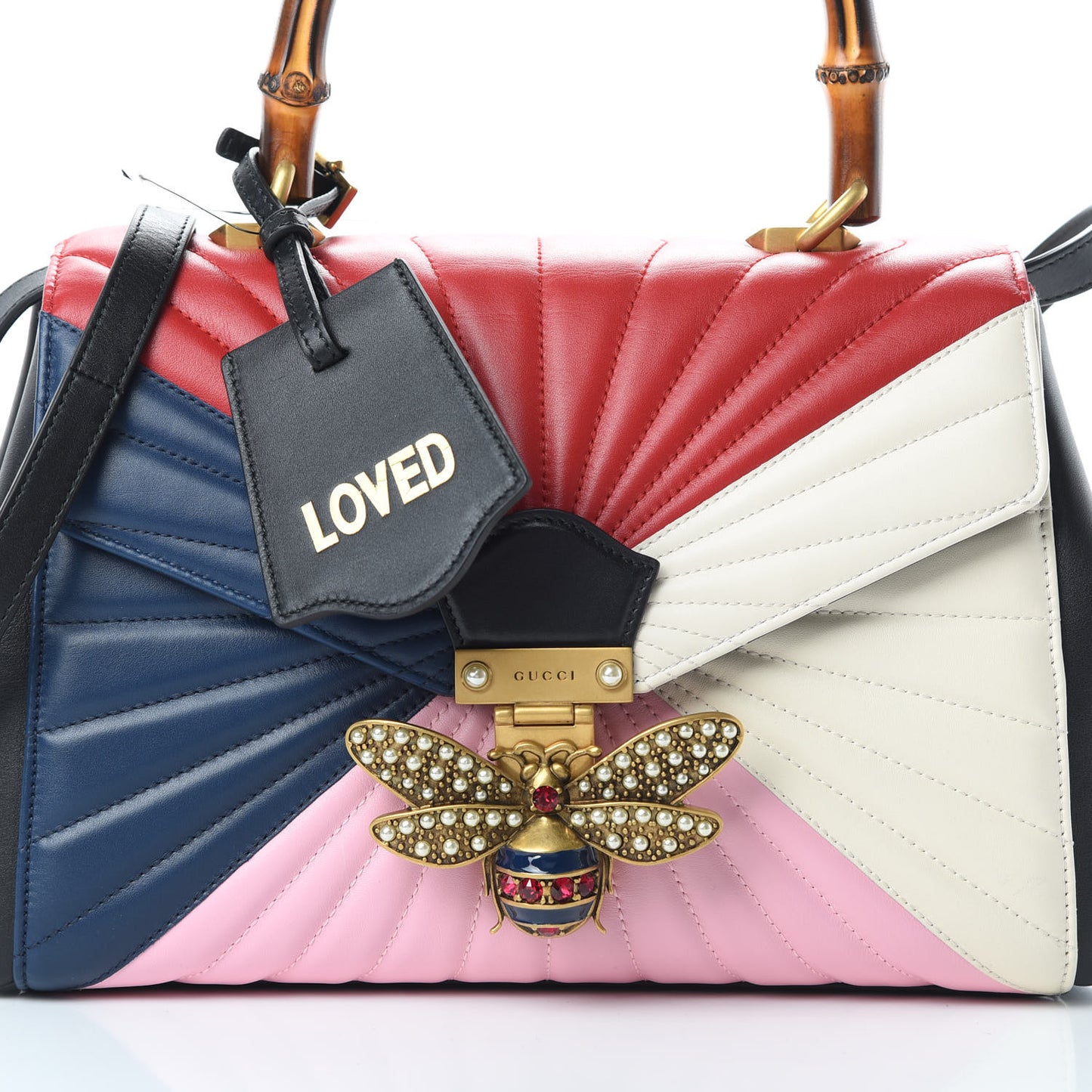 Calfskin Bamboo Trapuntata Queen Margaret Top Handle Bag Blue Agata Hibiscus Red Mystic White Sugar Pink