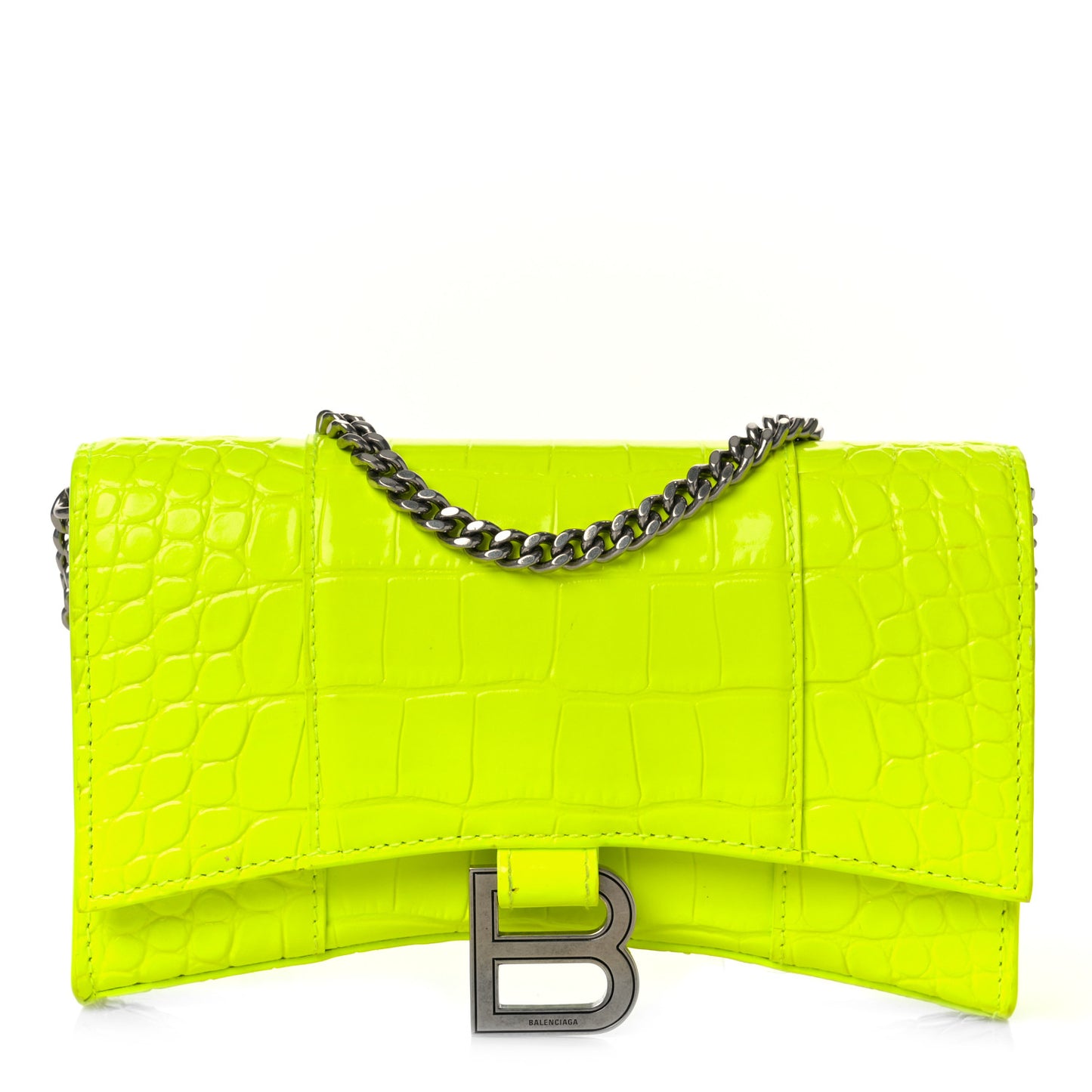 Shiny Calfskin Crocodile Embossed Hourglass Chain Bag Fluo Yellow