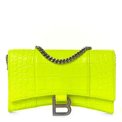 Balenciaga Shiny Calfskin Crocodile Embossed Hourglass Chain Bag Fluo Yellow 1 of 7