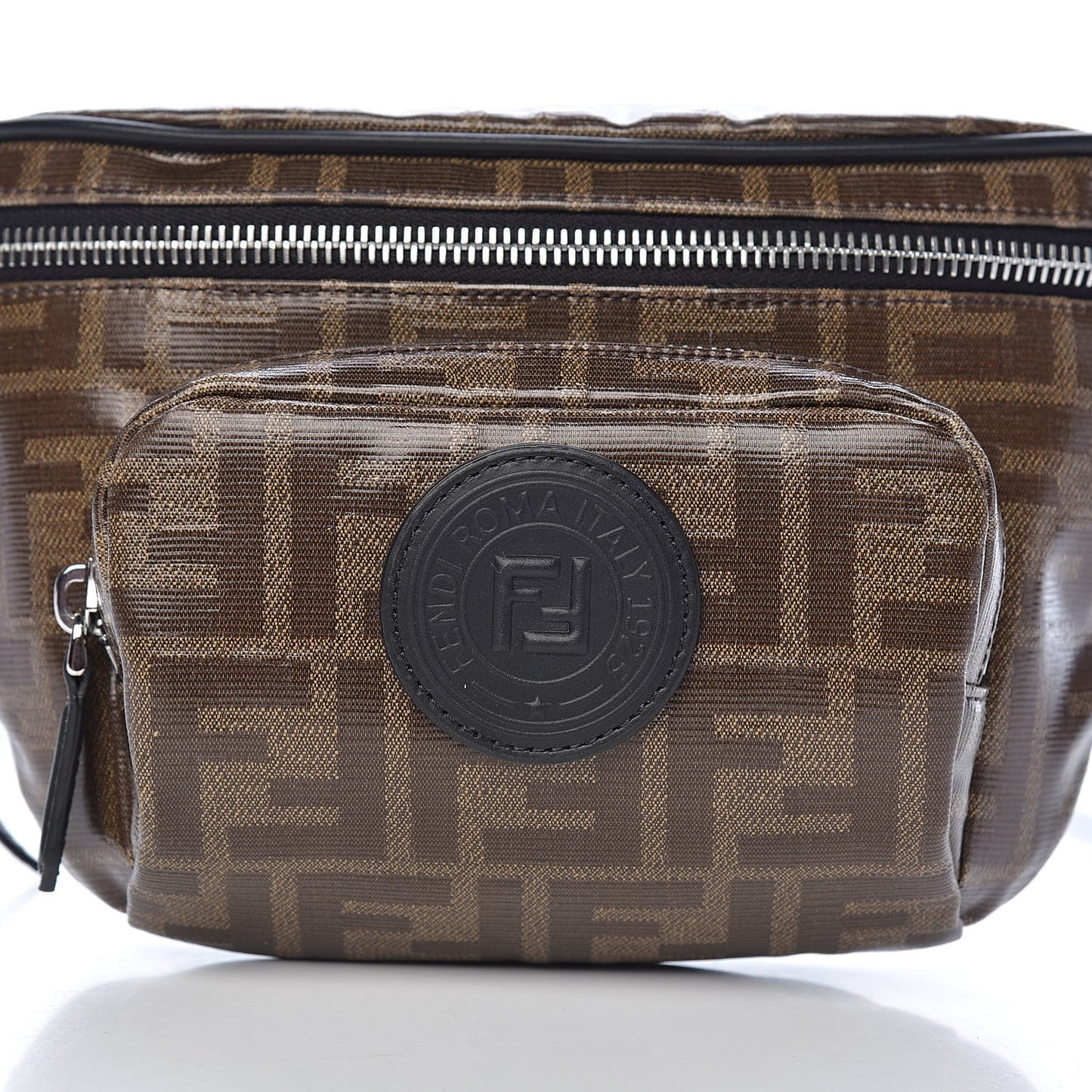 Glazed Fabric Vitello Century FF 1974 Stamp Patch Pocket Belt Bag Mogano Panna Black