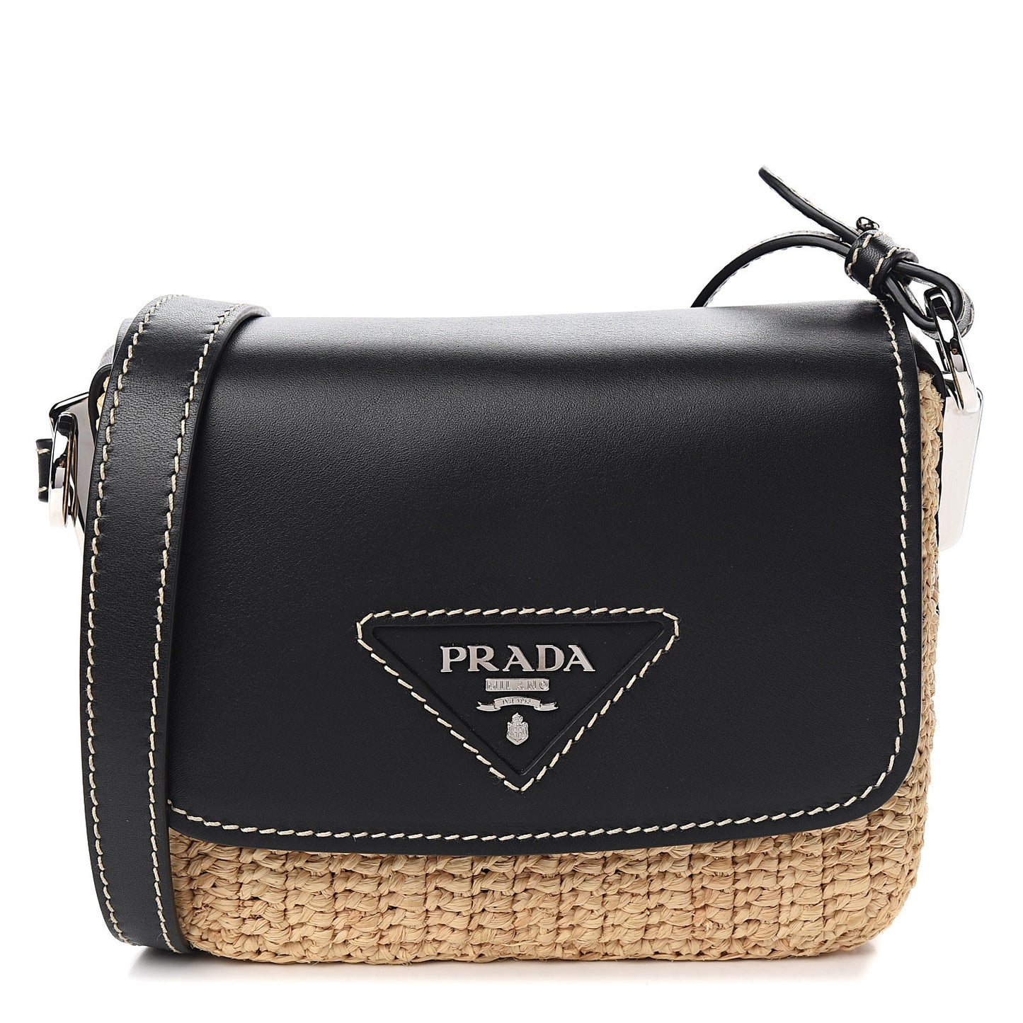 Raffia Vitello Flap Shoulder Bag Naturale Black