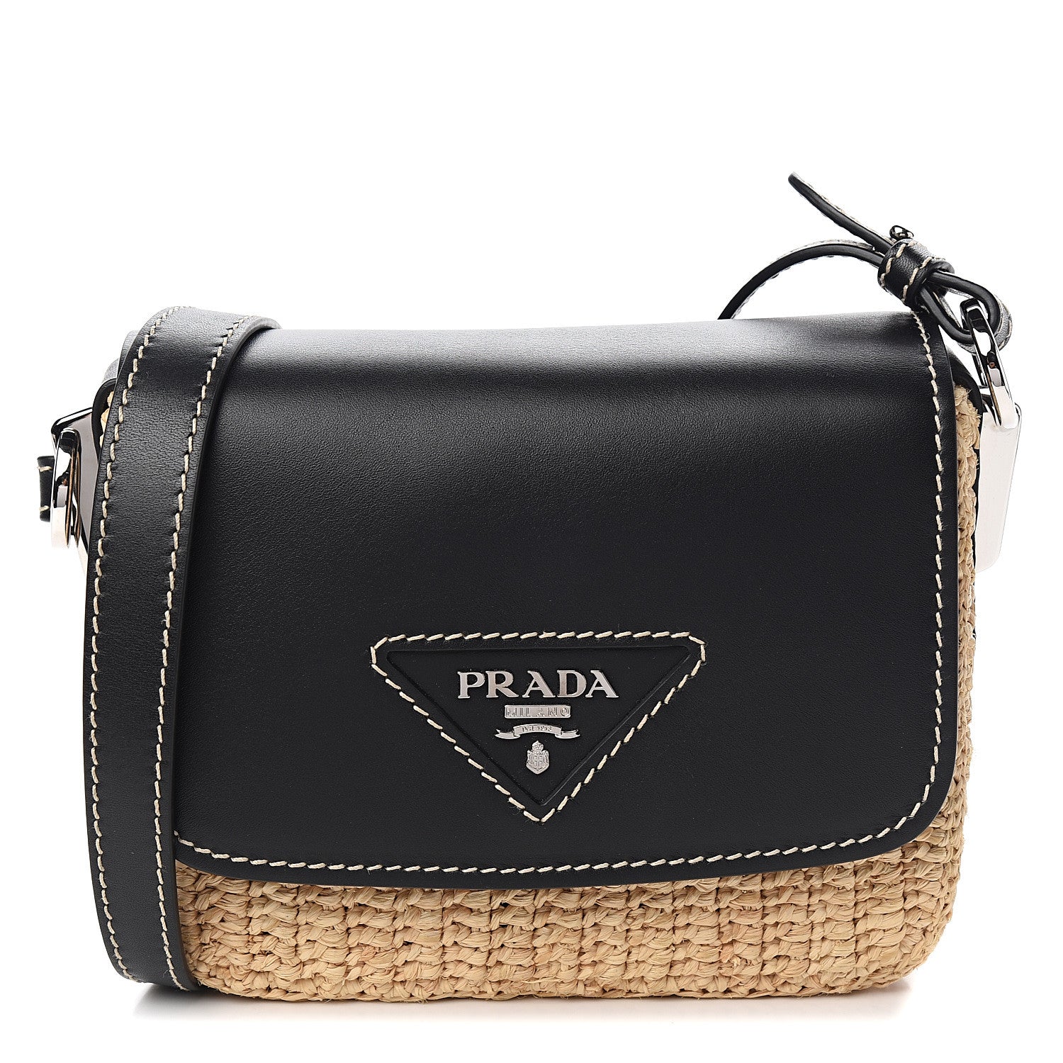 Prada Raffia Vitello Flap Shoulder Bag Naturale Black 1 of 8