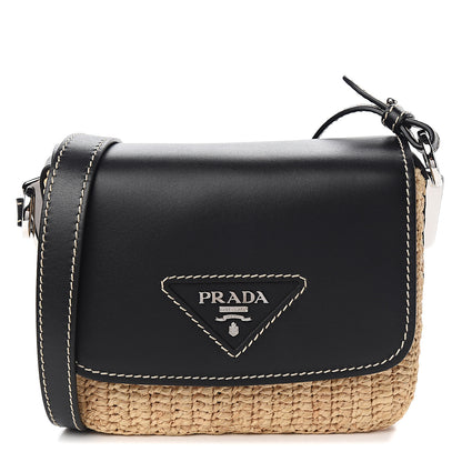 Prada Raffia Vitello Flap Shoulder Bag Naturale Black 1 of 8