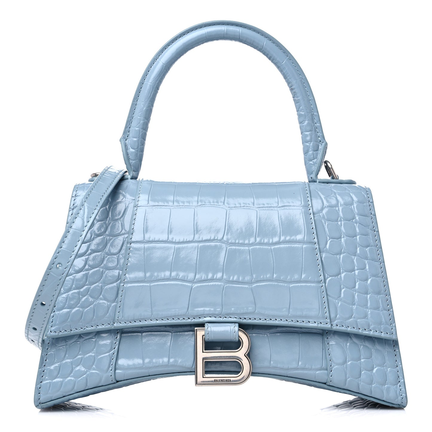 Shiny Calfskin Crocodile Embossed Small Hourglass Top Handle Bag Blue Grey