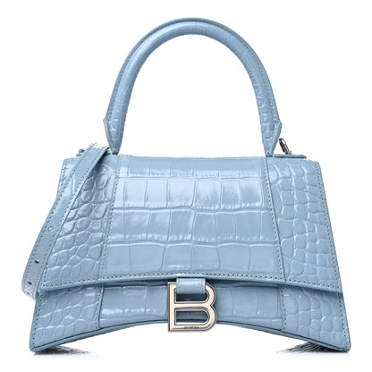 Balenciaga Shiny Calfskin Crocodile Embossed Small Hourglass Top Handle Bag Blue Grey 1 of 13