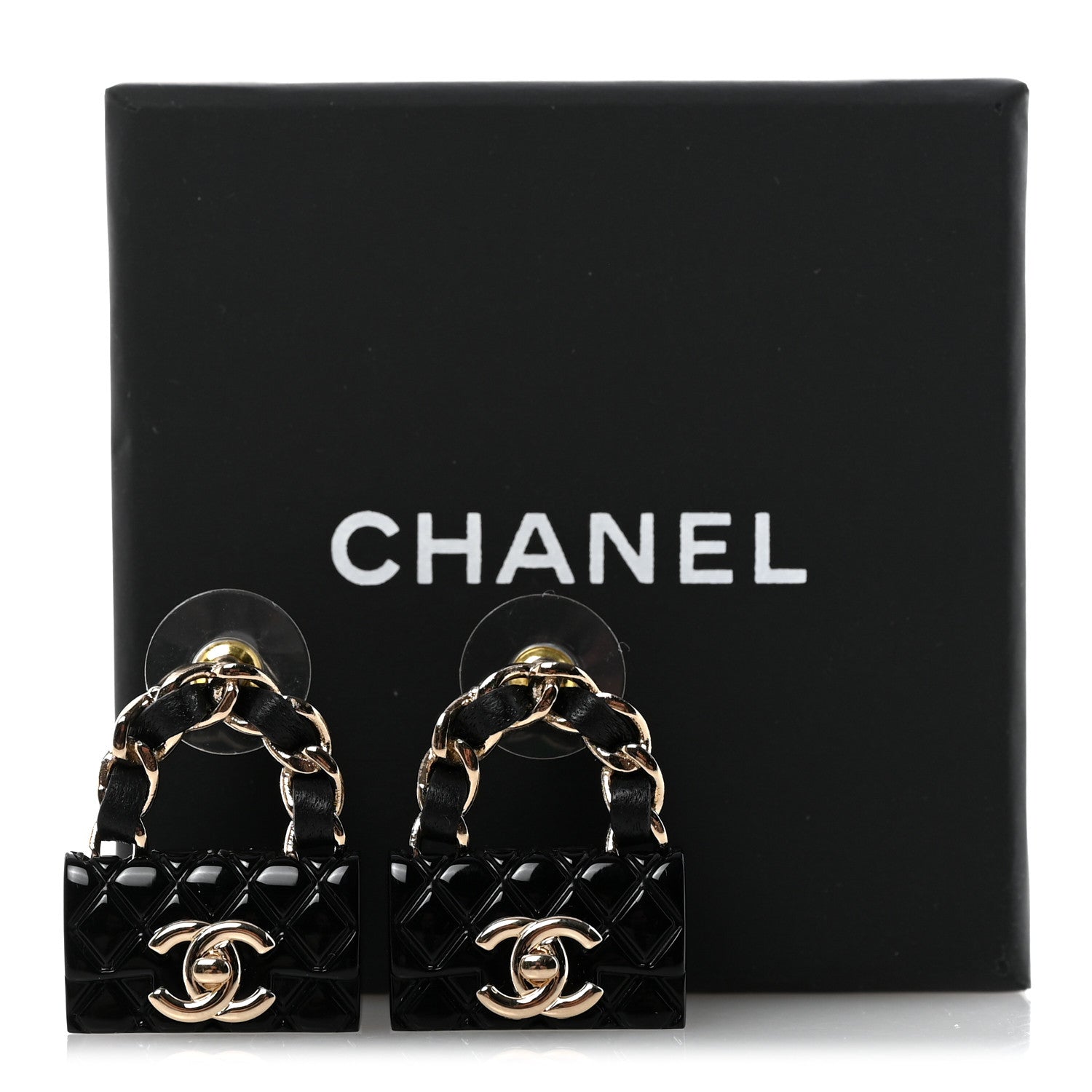 Chanel Metal Resin Lambskin Quilted CC Turnlock Chain Flap Bag Earrings Black Gold 4 of 4