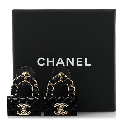 Chanel Metal Resin Lambskin Quilted CC Turnlock Chain Flap Bag Earrings Black Gold 4 of 4