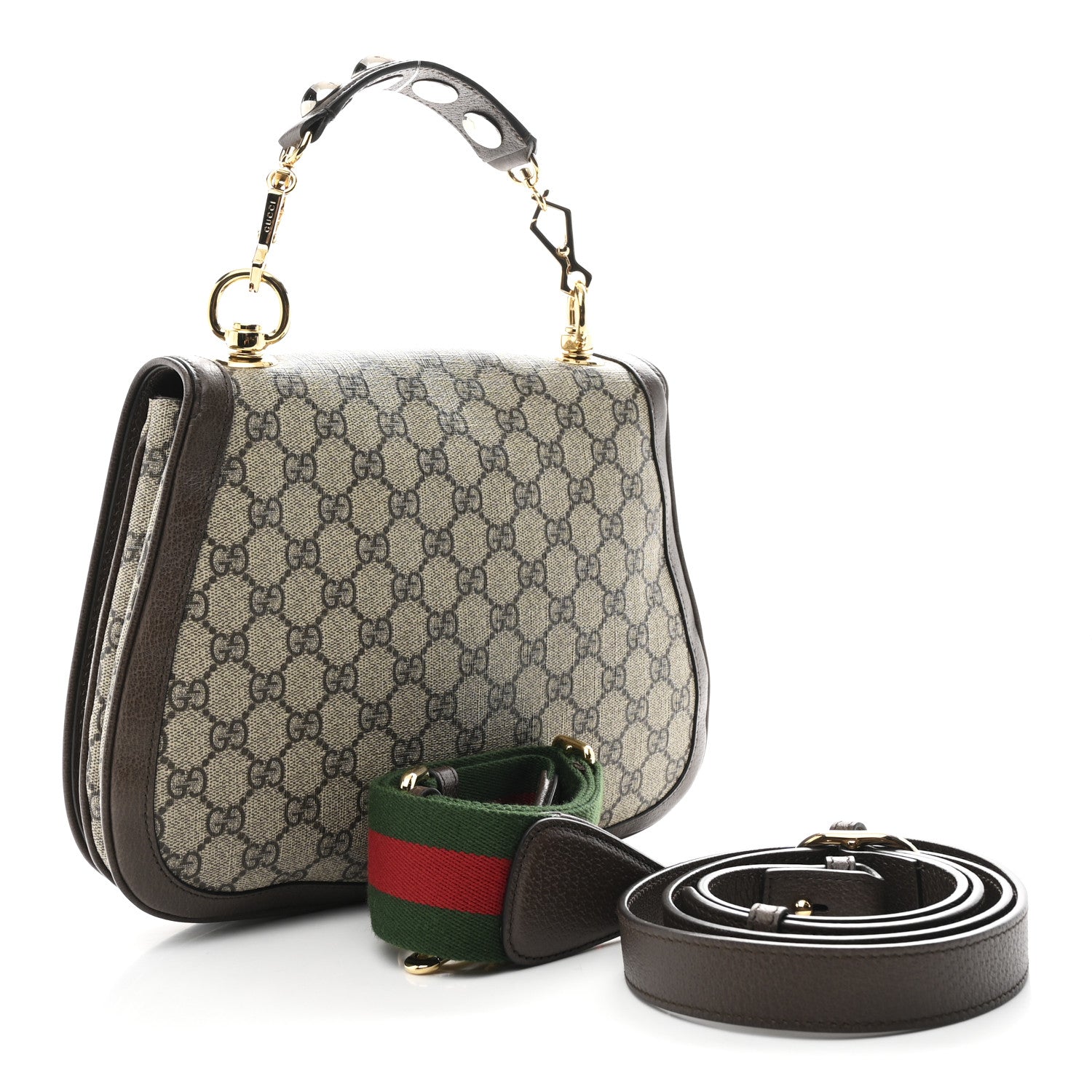 Gucci GG Supreme Monogram Textured Dollar Calfskin Web Medium Blondie Top Handle Shoulder Flap Bag Beige Ebony New Acero 3 of 10