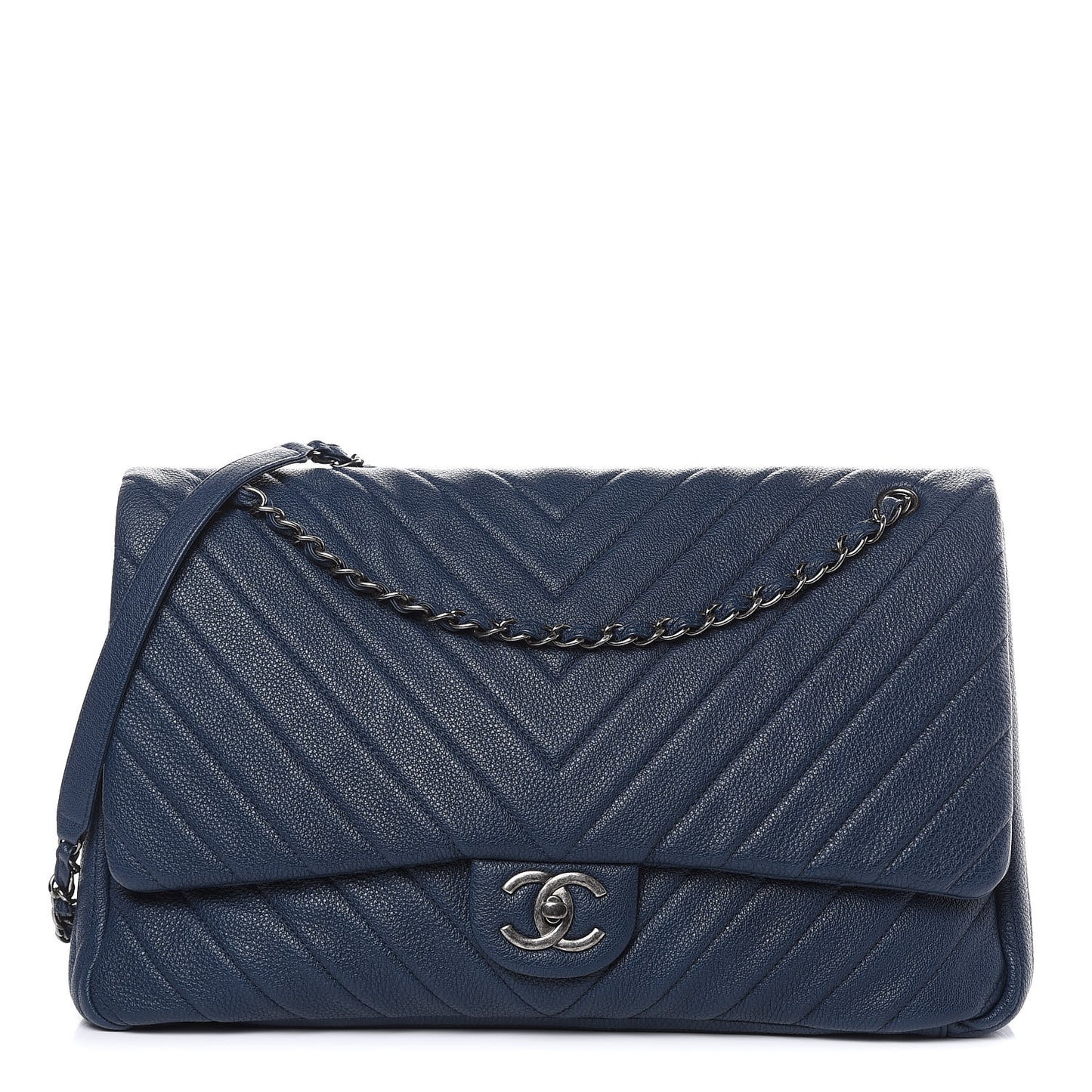 Calfskin Chevron Quilted XXL Travel Flap Bag Navy