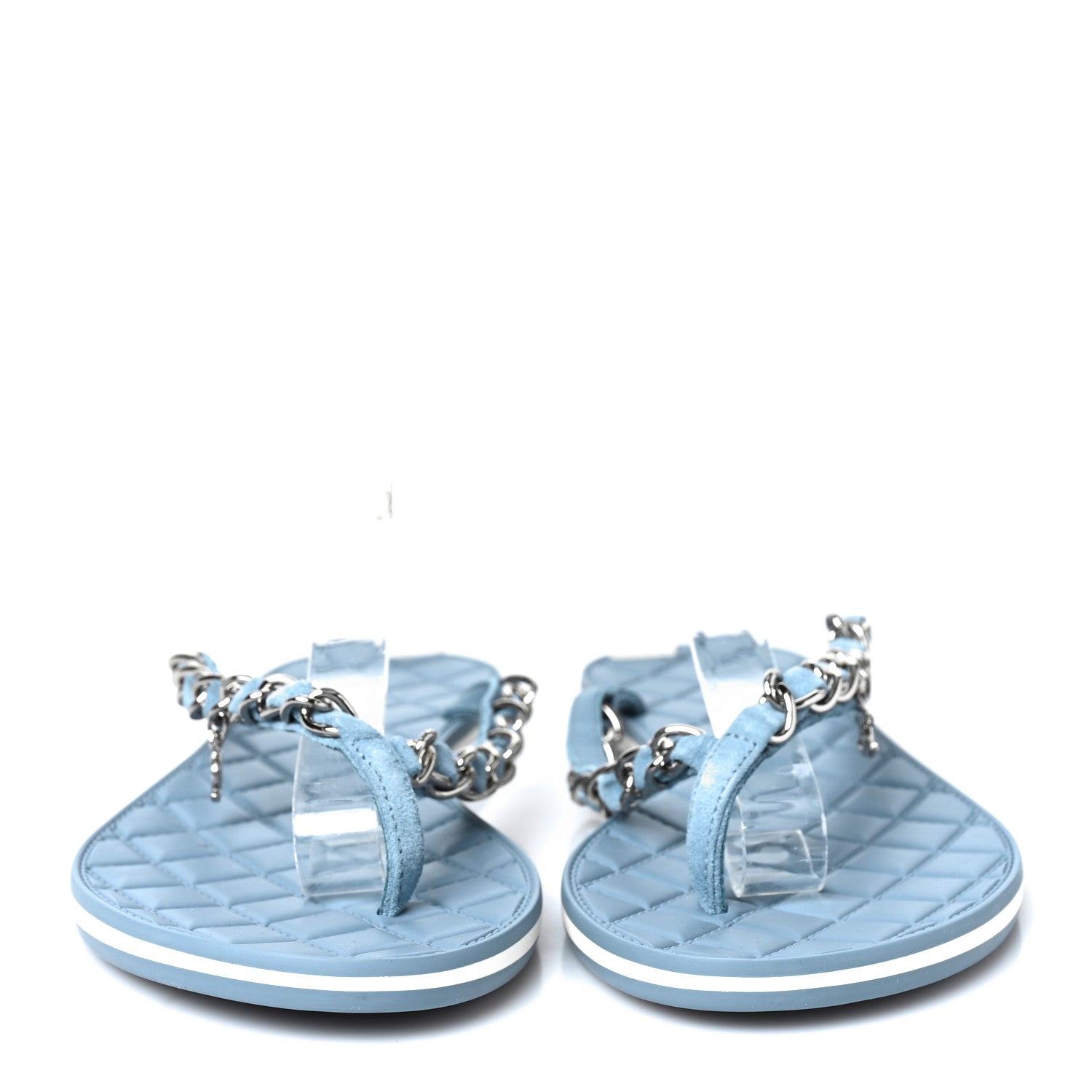 Chanel Suede Calfskin Quilted Chain Thong Sandals 38 Light Blue 2 of 8