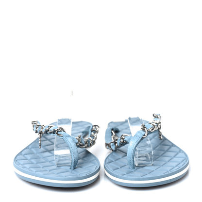 Chanel Suede Calfskin Quilted Chain Thong Sandals 38 Light Blue 2 of 8