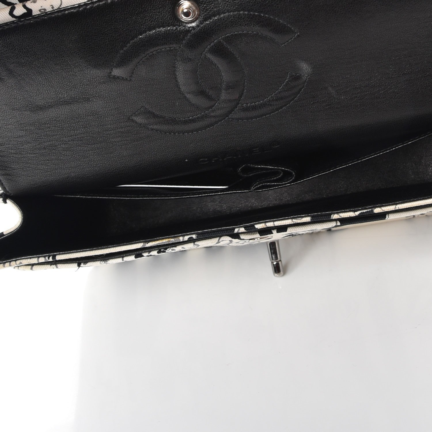 Chanel Canvas Printed Medium Double Flap Black White 6 of 17