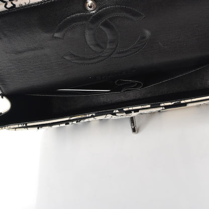 Chanel Canvas Printed Medium Double Flap Black White 6 of 17