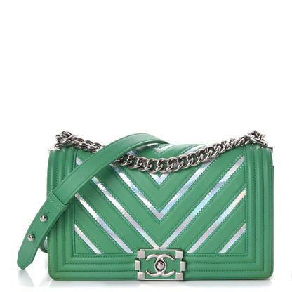 Chanel Lambskin Iridescent PVC Chevron Quilted Medium Boy Flap Green Silver 1 of 7