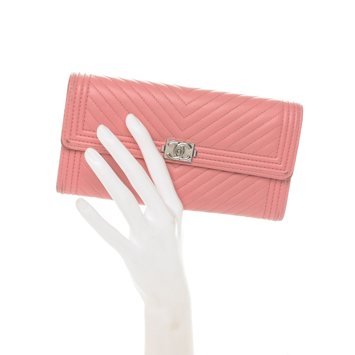 Chanel Calfskin Chevron Quilted Boy Flap Wallet Pink 2 of 9