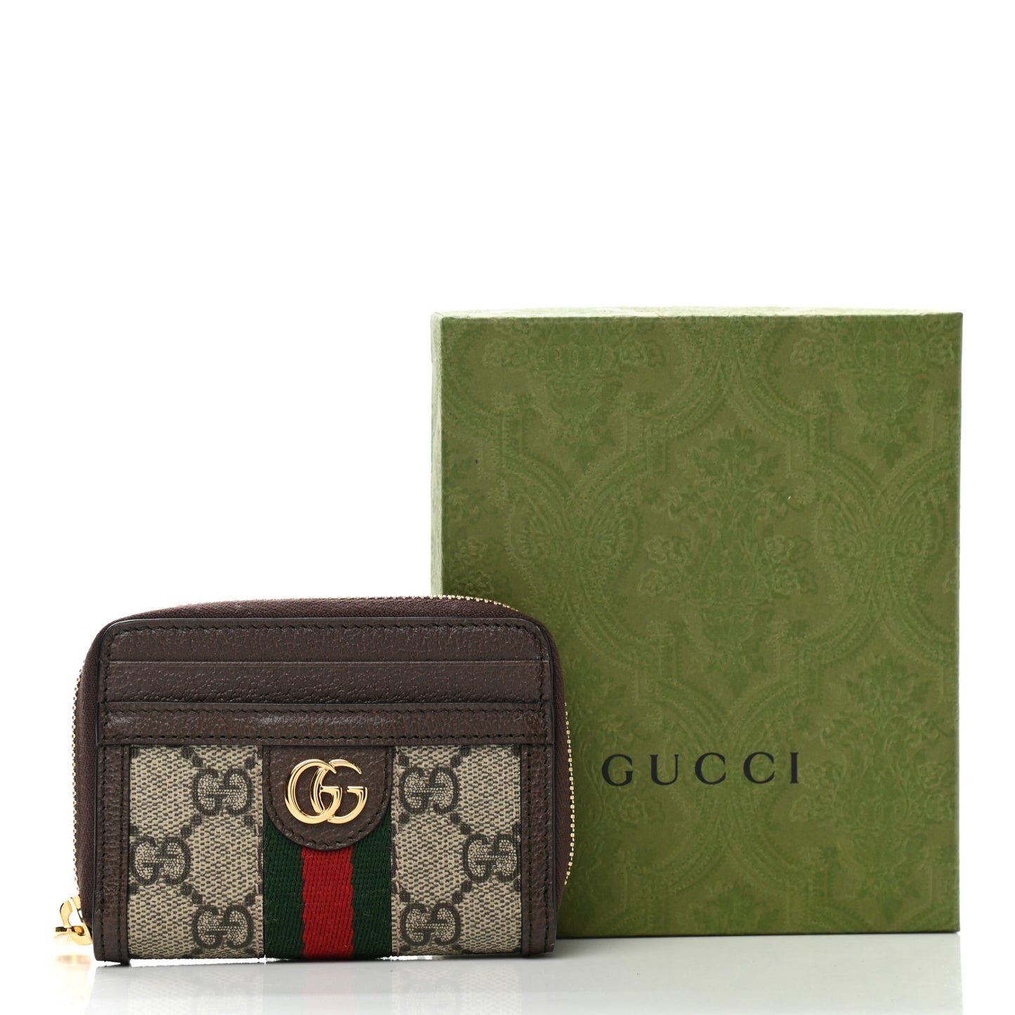 GG Supreme Monogram Textured Dollar Calfskin Web Ophidia Zip Around Card Case Wallet Beige Ebony New Acero