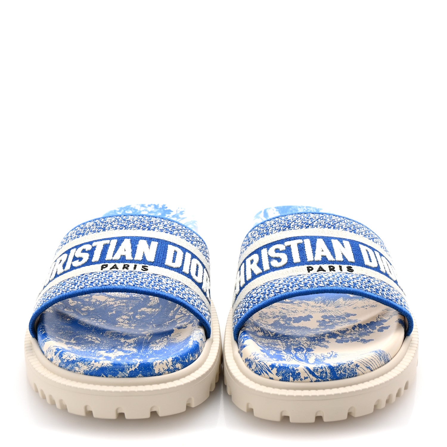 Christian Dior Canvas Fluo Toile de Jouy Embroidered Dway 10mm Slide Sandals 37.5 White Blue 2 of 10