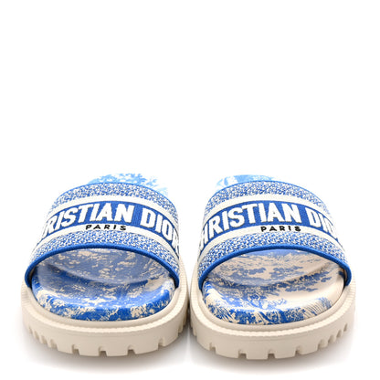 Christian Dior Canvas Fluo Toile de Jouy Embroidered Dway 10mm Slide Sandals 37.5 White Blue 2 of 10