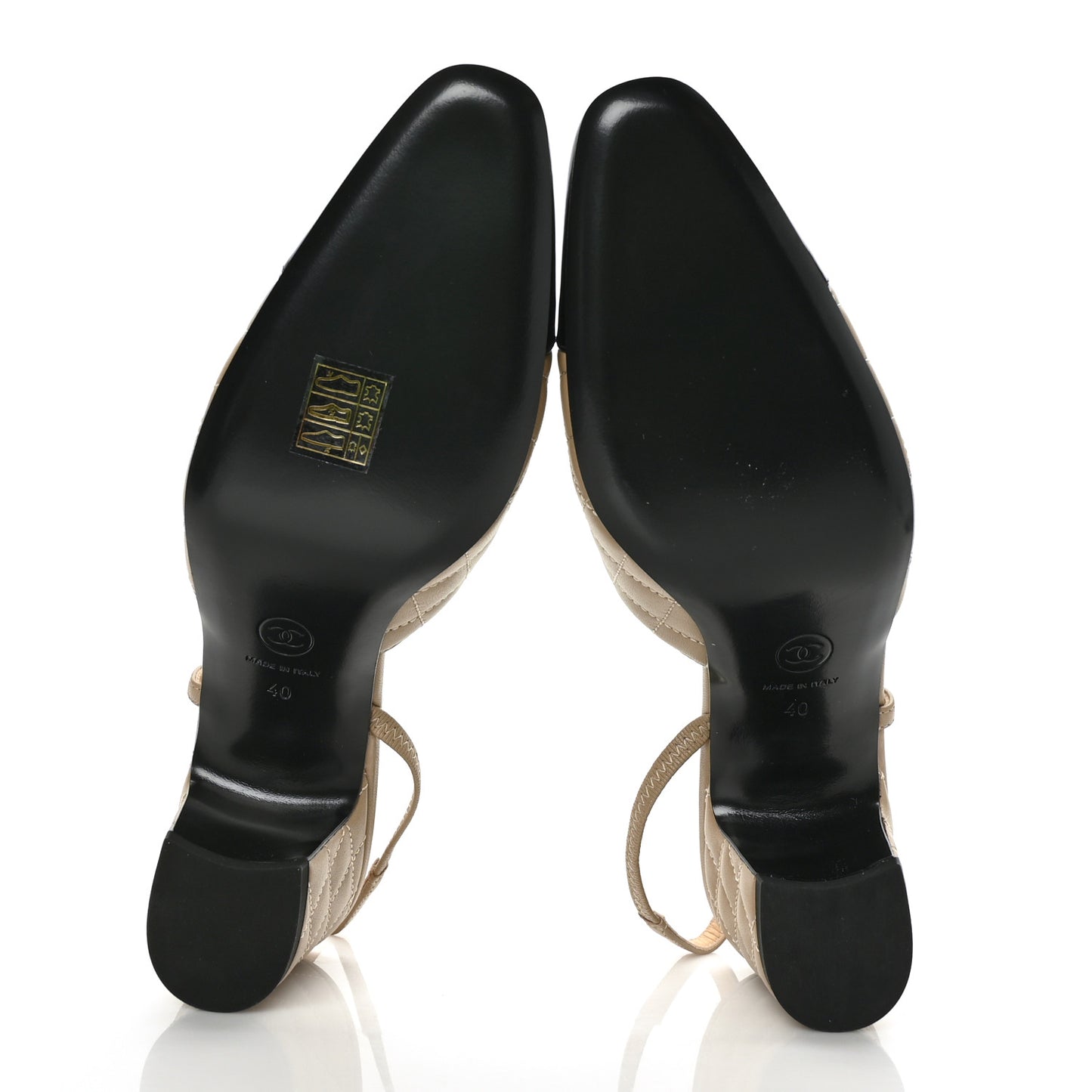 Lambskin Patent Calfskin Quilted Cap Toe CC Slingback Pumps 40 Beige Black