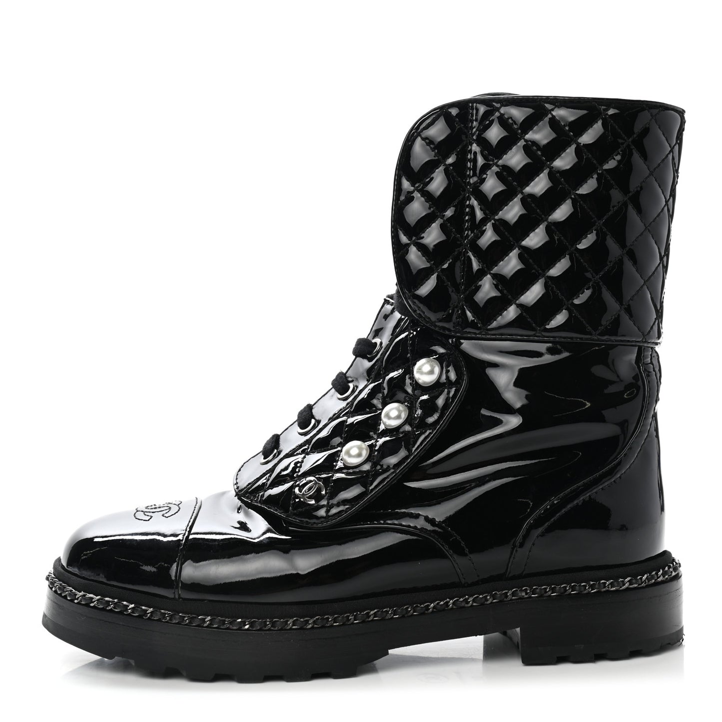 Patent Calfskin Pearl Combat Ankle Boots 39 Black