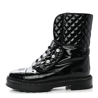 Chanel Patent Calfskin Pearl Combat Ankle Boots 39 Black 1 of 8