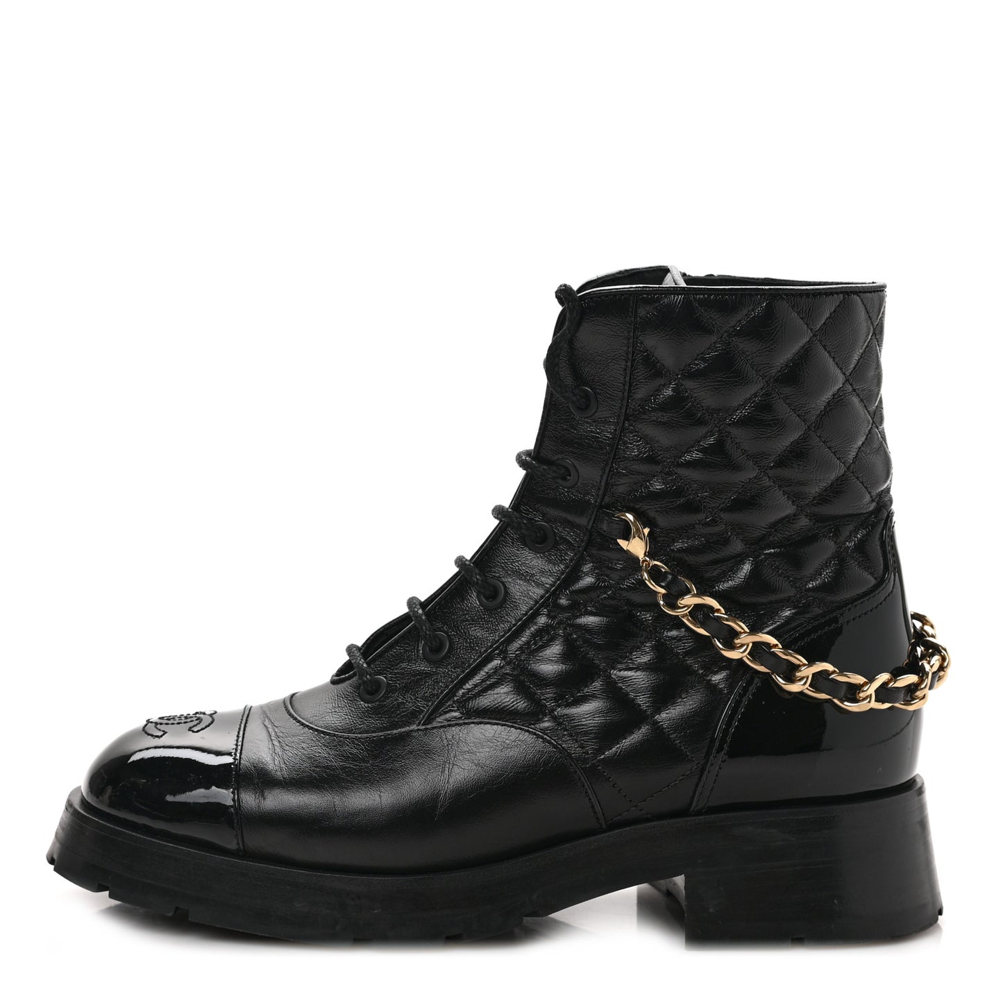 Shiny Calfskin Patent Quilted Chain Lace Up Combat Boots 39 Black