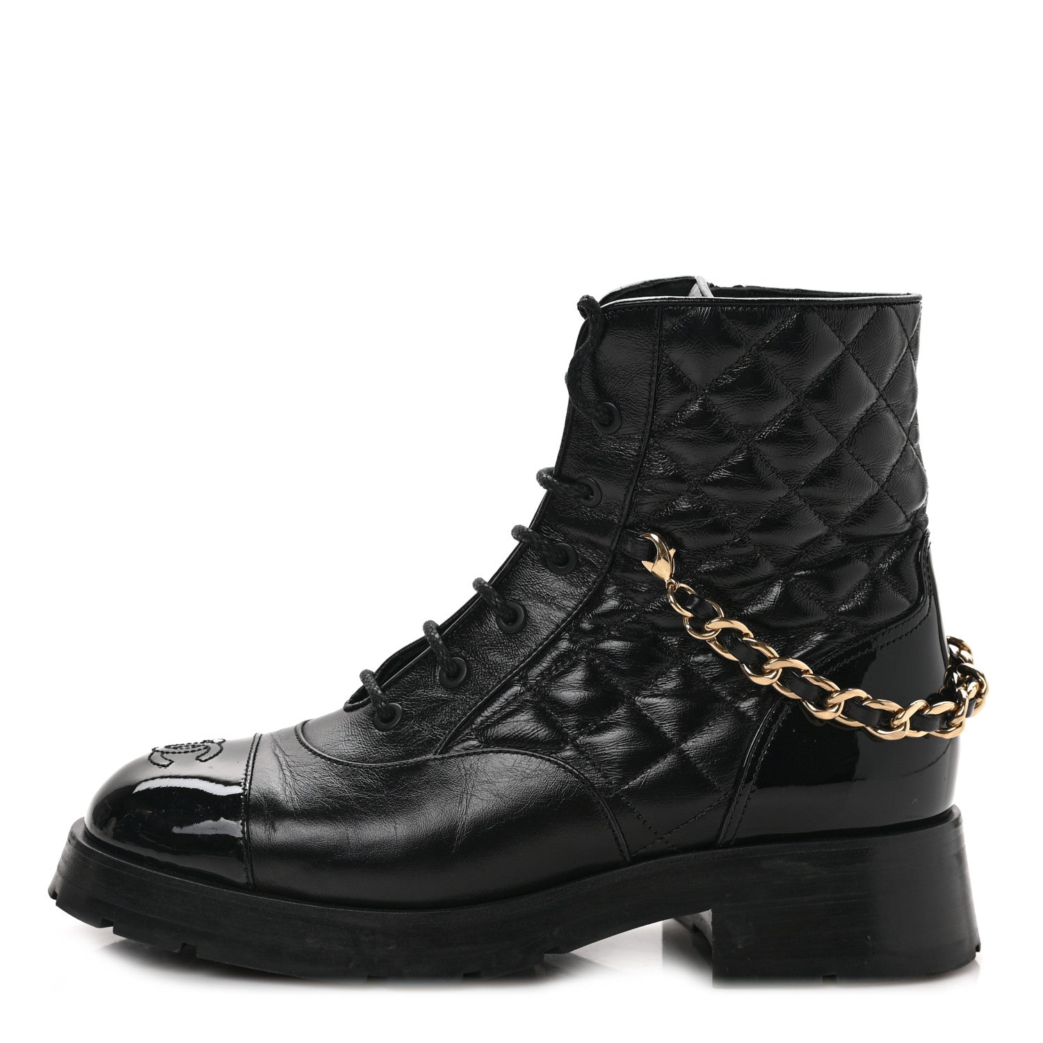 Chanel Shiny Calfskin Patent Quilted Chain Lace Up Combat Boots 39 Black 1 of 8
