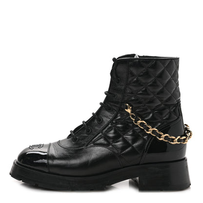 Chanel Shiny Calfskin Patent Quilted Chain Lace Up Combat Boots 39 Black 1 of 8