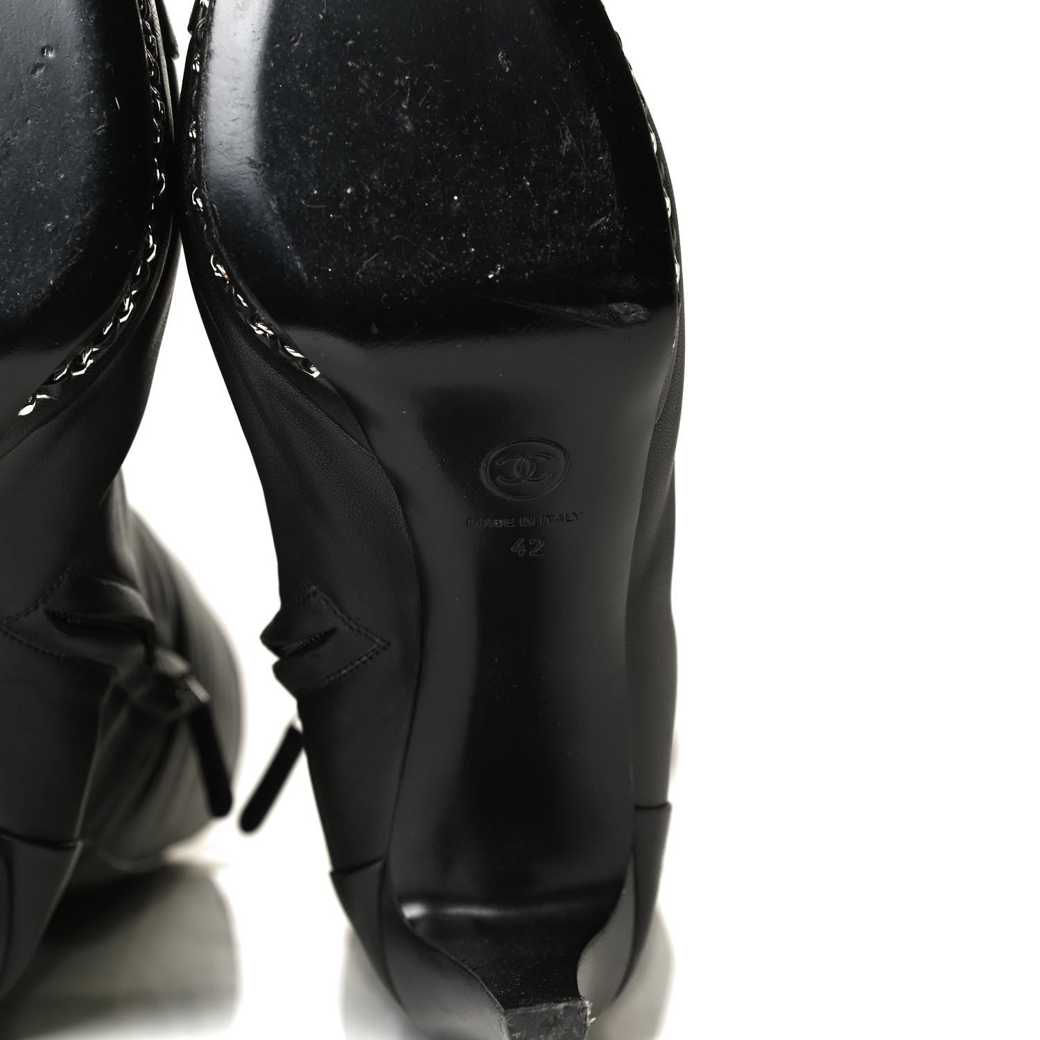 Chanel Lambskin CC Platform Cap Toe Chain Knee High Boots 42 Black 14 of 18