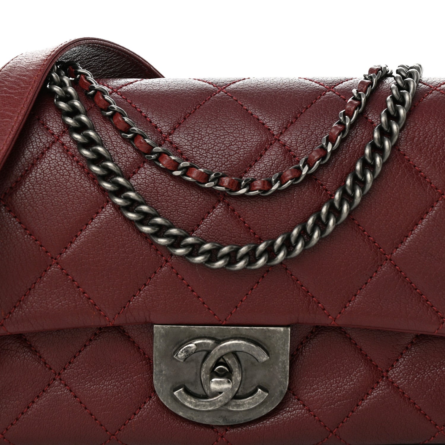 Chanel Shiny Goatskin Quilted Small Double Carry Waist Chain Flap Burgundy 8 of 10
