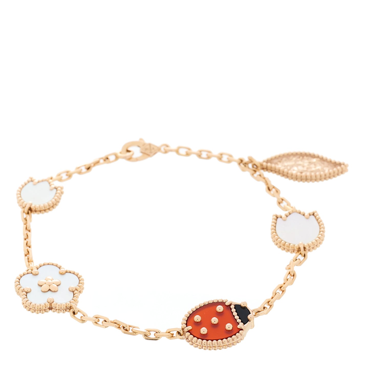 18K Rose Gold Carnelian Mother of Pearl Onyx 5 Motifs Lucky Spring Bracelet
