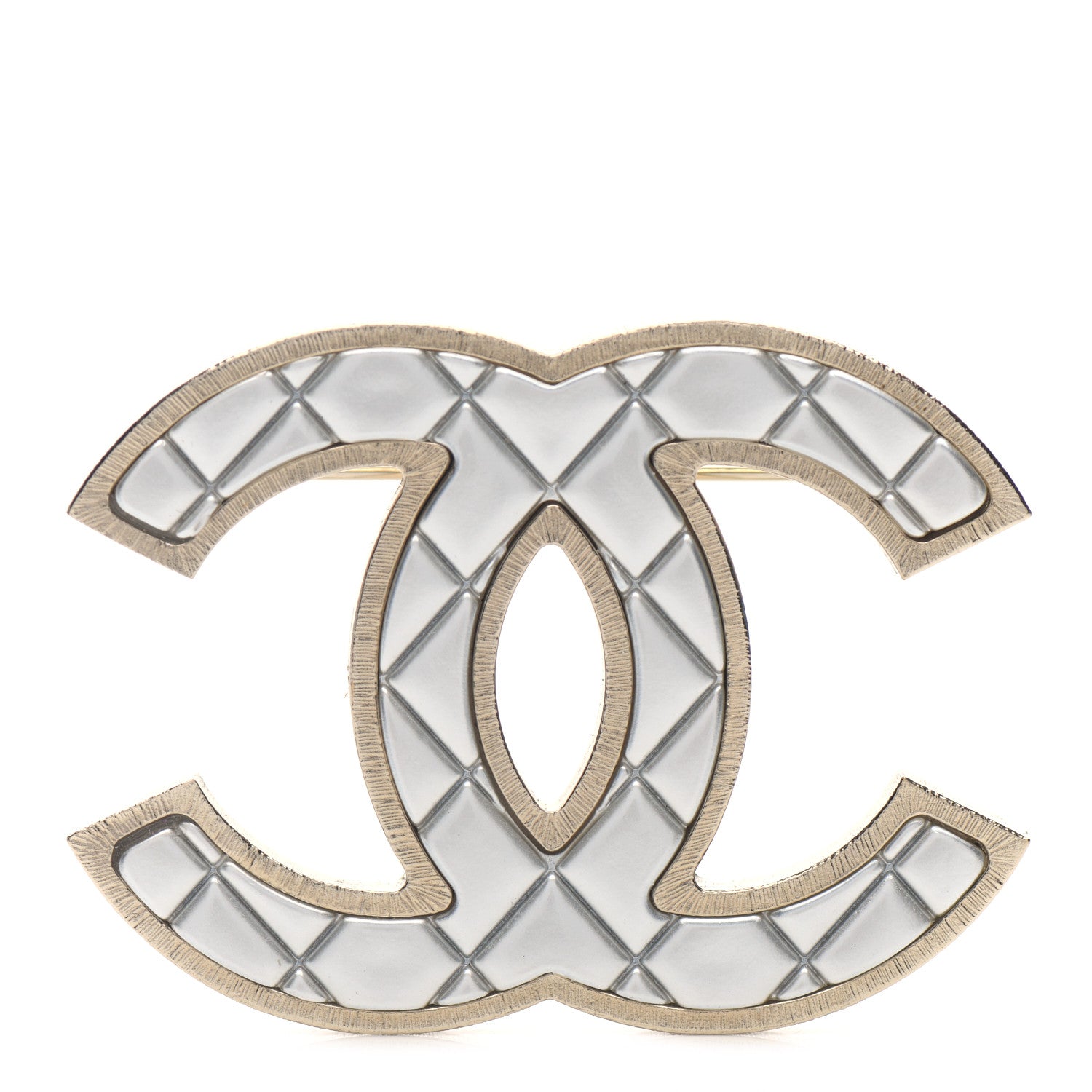 Chanel Metal Quilted CC Brooch Silver Gold 1 of 4