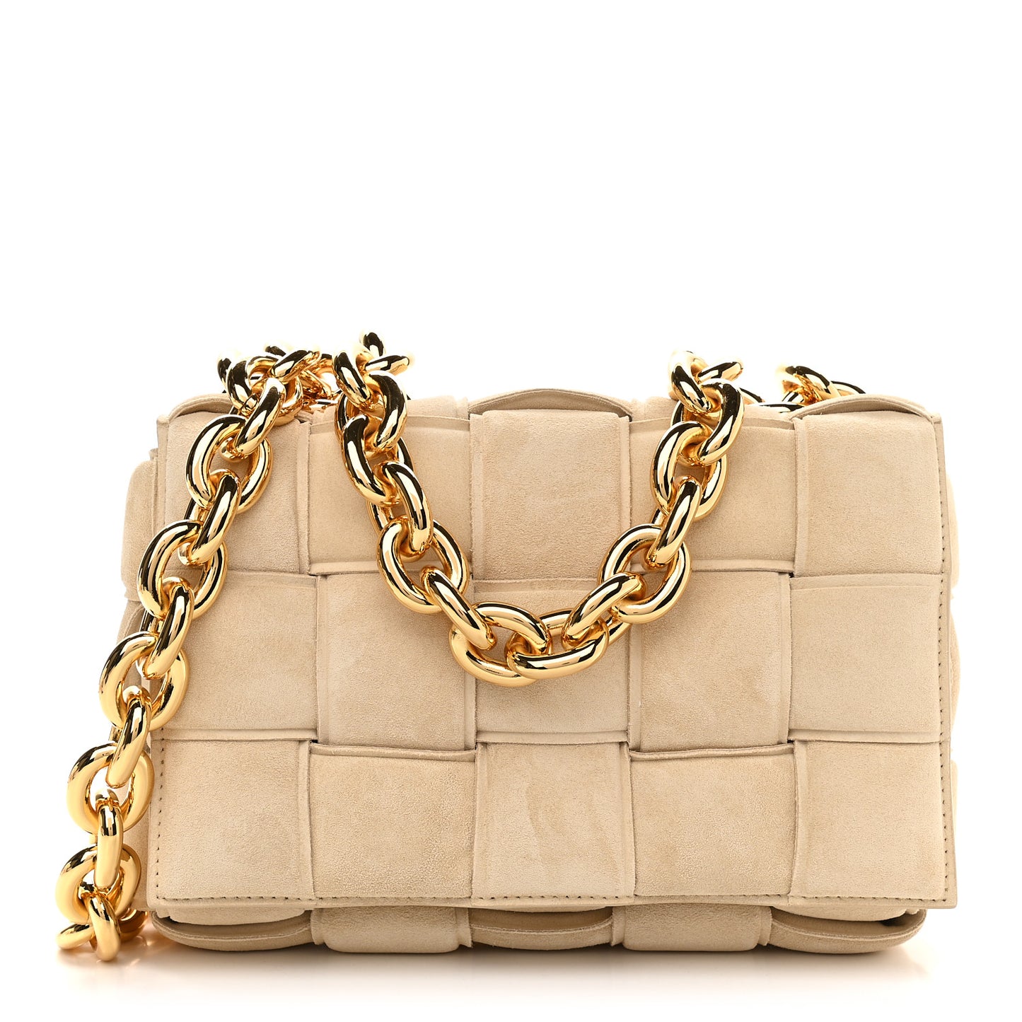 Suede Maxi Intrecciato Padded Chain Cassette Crossbody Bag Sand