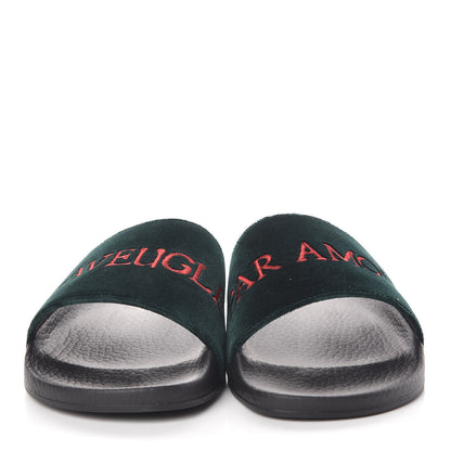 Gucci Velvet L'aveugle Par Amour Slide Sandals 38 Green 2 of 7