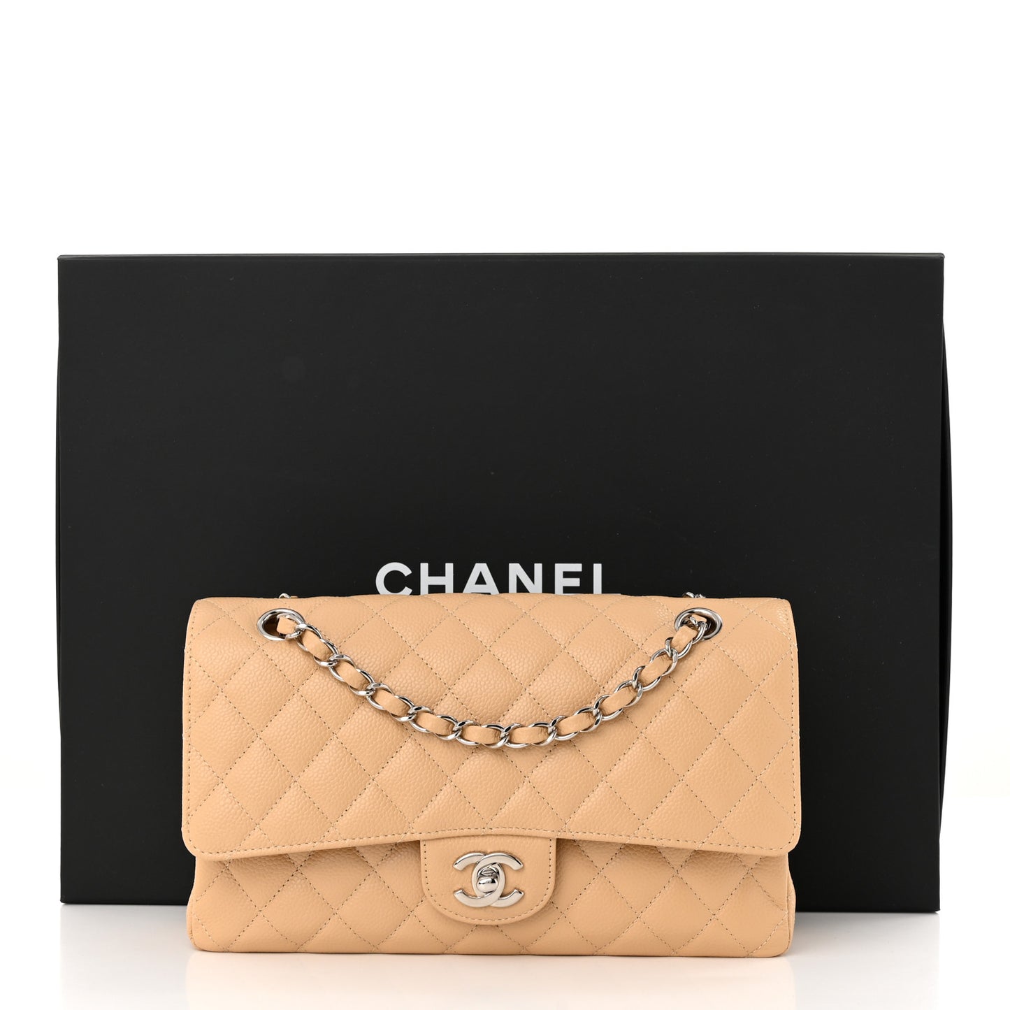 Caviar Quilted Medium Double Flap Beige