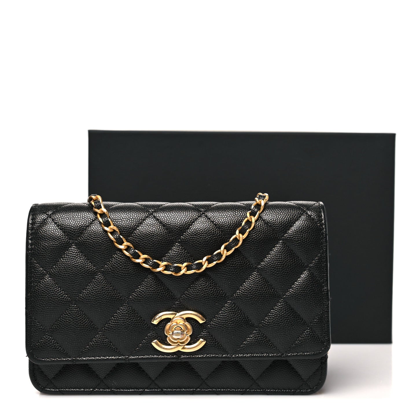 Caviar Quilted Camellia Wallet On Chain WOC Black